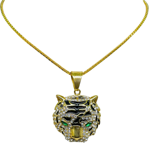 Gold Iced Tiger Head Pendant Necklace – Green Eyes & CZ Detail