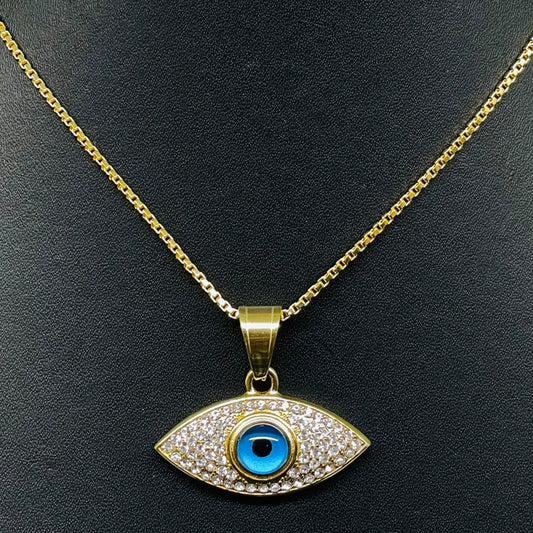Gold Evil Eye Pendant Necklace – Blue Center with CZ Crystals
