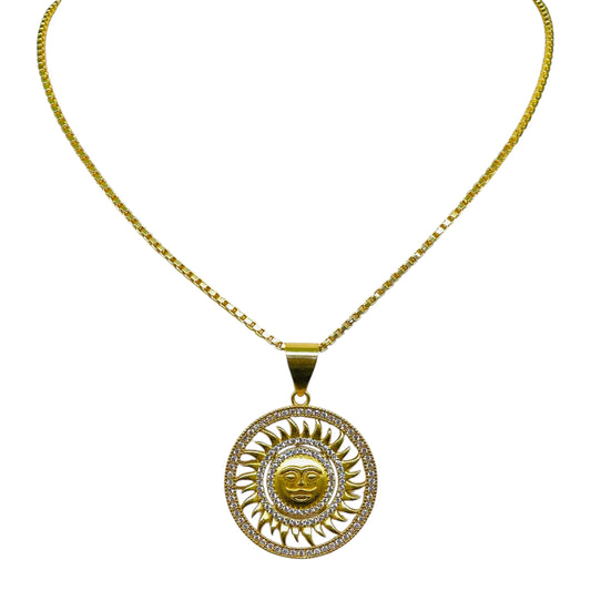 Gold Sun Face Pendant Necklace – Radiant CZ Circle Medallion