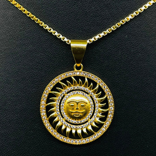 Gold Sun Face Pendant Necklace – Radiant CZ Circle Medallion