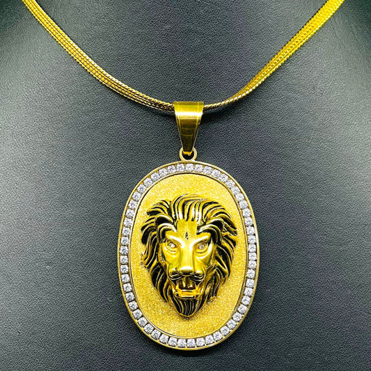 Regal Lion Head Pendant Necklace – Gold Oval Frame with CZ Accents