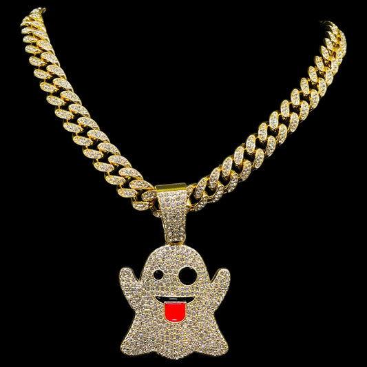 Iced Out Ghost Emoji Pendant with Gold Cuban Chain – Hip Hop Bling Necklace