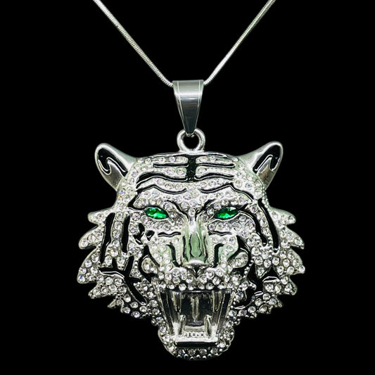 Iced Out Silver Tiger Head Pendant with Green Eyes – Hip Hop Necklace