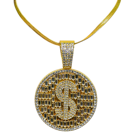 Iced Out Dollar Sign Pendant – Gold Round Bling Necklace