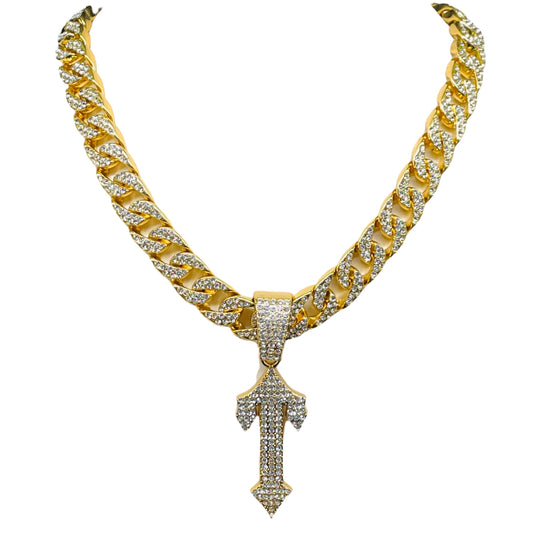 Iced out Top Arrow Pendant with Chain Hip Hop Luxe Set Yellow Gold Polish