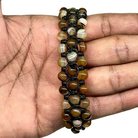 Handmade Agate Bracelet – 6mm Natural Stone Beads Adjustable Macrame Boho Unisex Jewelry