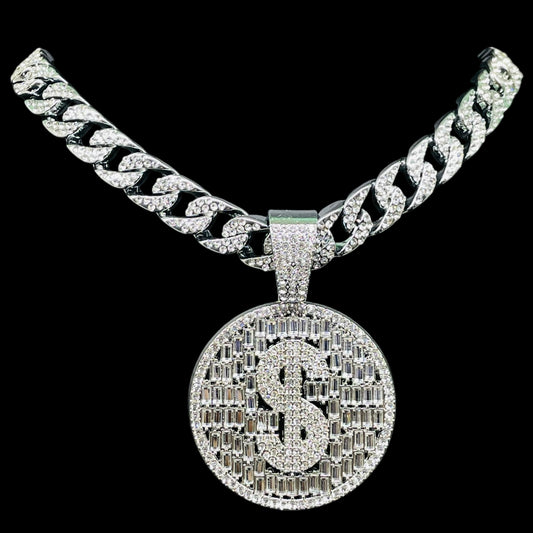 Iced out Dollar Round Pendant with Chain Hip Hop Luxe Set