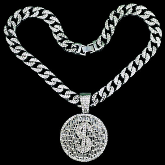 Iced out Dollar Round Pendant with Chain Hip Hop Luxe Set