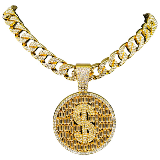 Iced out Dollar Round Pendant with Chain Hip Hop Luxe Set