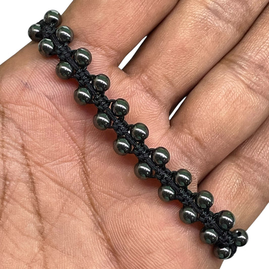 Natural Hematite Bracelet – 4mm Beads Handmade Macrame Black Cord Healing Energy Jewelry