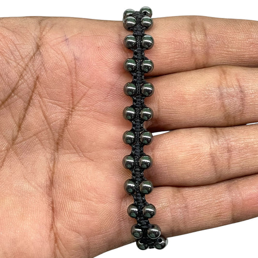 Natural Hematite Bracelet – 4mm Beads Handmade Macrame Black Cord Healing Energy Jewelry