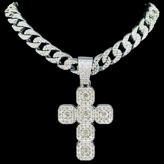 Iced Out Cuban Link Chain with Diamond Cross Pendant