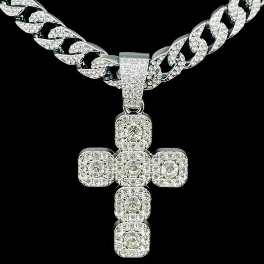Iced Out Cuban Link Chain with Diamond Cross Pendant