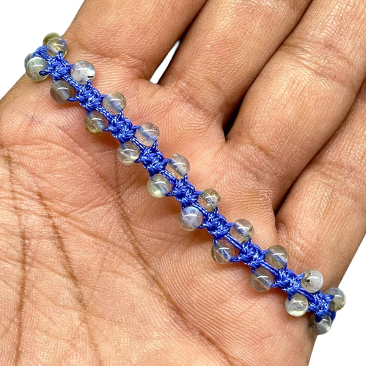 Natural Labradorite Bracelet – 4mm Beads Handmade Macrame Blue Cord Healing Crystal Jewelry