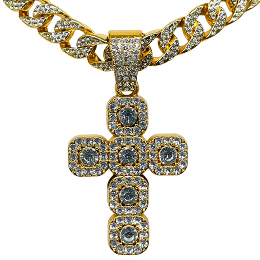 Iced Out Cuban Link Chain with Diamond Cross Pendant
