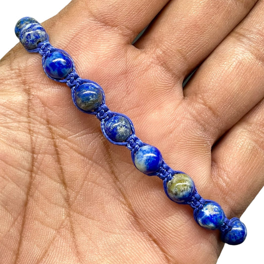 Natural Lapis Lazuli Bracelet – 6.5mm Beads Handmade Blue Macrame Adjustable Jewelry Gift
