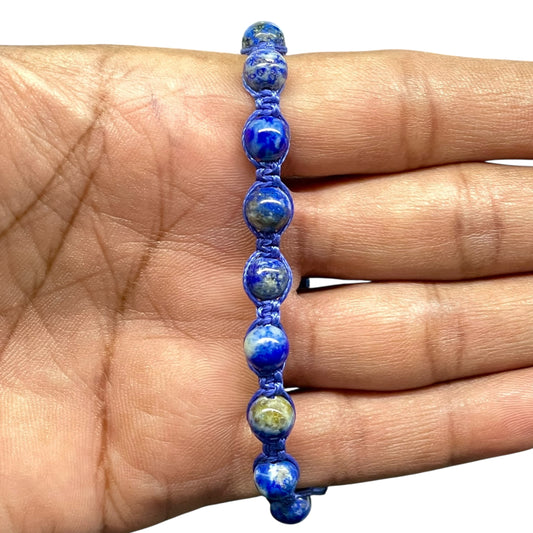 Natural Lapis Lazuli Bracelet – 6.5mm Beads Handmade Blue Macrame Adjustable Jewelry Gift