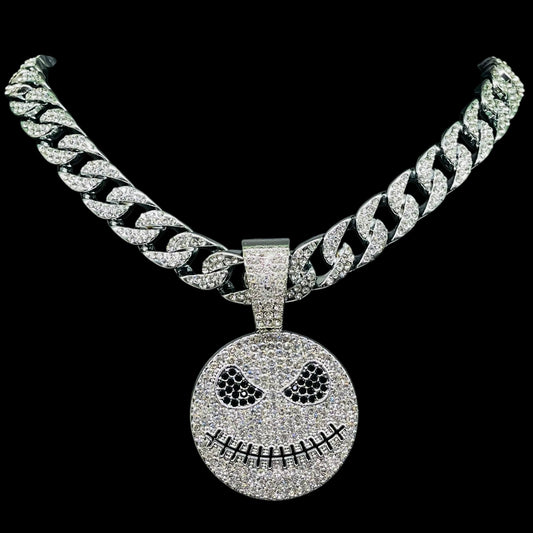 Iced Out Evil Grin Face Pendant with Cuban Link Chain