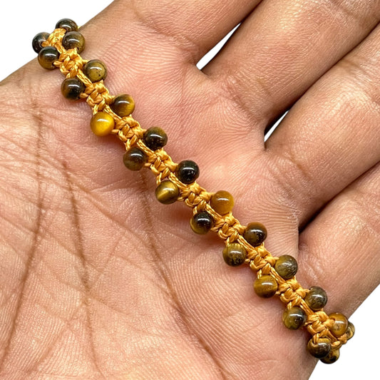 Handmade Tiger Eye Bracelet – 4mm Natural Stone Beads Macrame Adjustable Brown Cord Jewelry