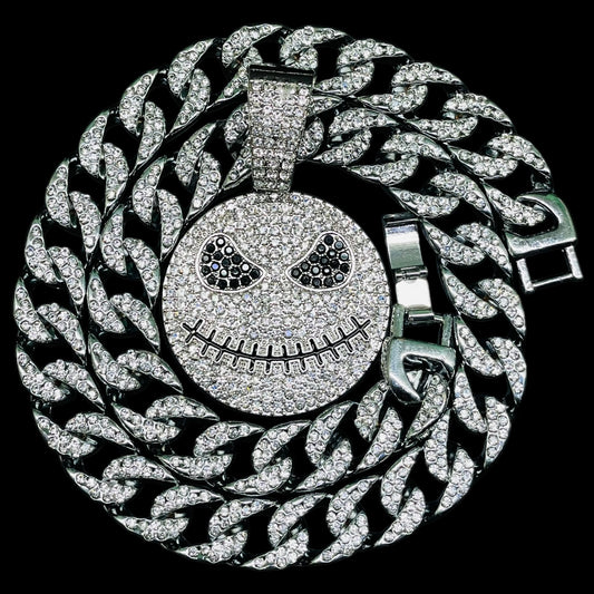 Iced Out Evil Grin Face Pendant with Cuban Link Chain
