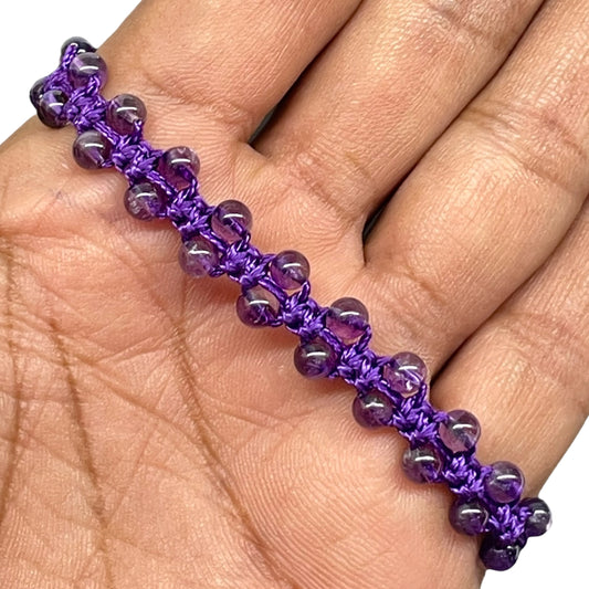 Handmade Amethyst Bracelet – 4mm Natural Stone Beads Purple Macrame Adjustable Jewelry Gift