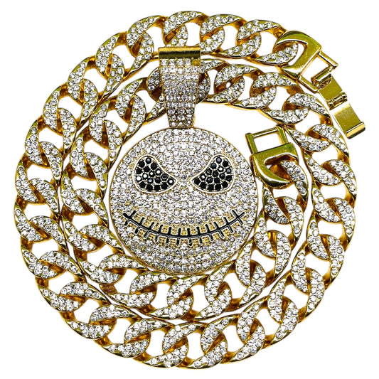 Iced Out Evil Grin Face Pendant with Cuban Link Chain