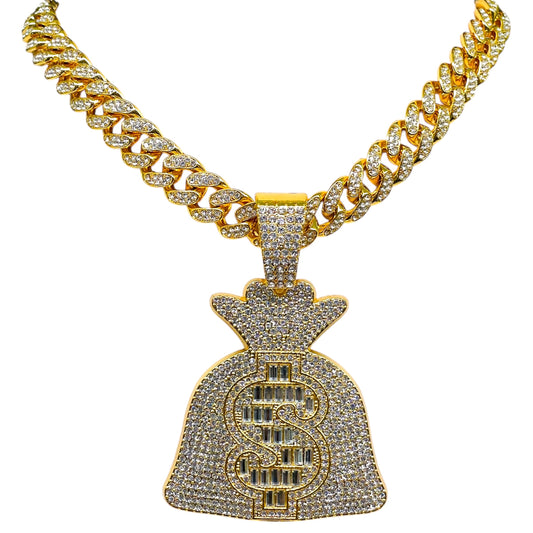 Iced Out Money Bag Pendant Chain – Hip Hop Bling Cuban Link Necklace