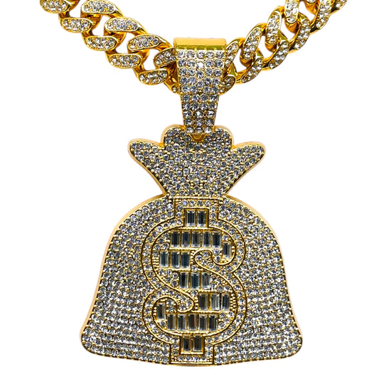 Iced Out Money Bag Pendant Chain – Hip Hop Bling Cuban Link Necklace
