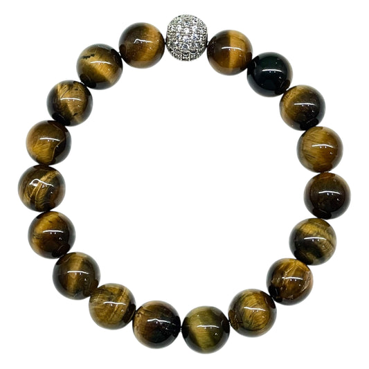 Handmade Tiger Eye Stretch Bracelet – 10mm Natural Beads with CZ Disco Ball, Unisex Healing Jewelry