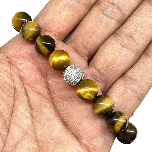 Handmade Tiger Eye Stretch Bracelet – 10mm Natural Beads with CZ Disco Ball, Unisex Healing Jewelry