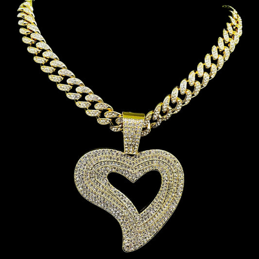Iced out Heart Pendant with Chain Hip Hop Luxe Set Yellow Gold Polish