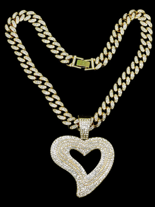 Iced out Heart Pendant with Chain Hip Hop Luxe Set Yellow Gold Polish