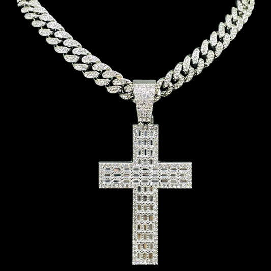 Iced Out Cross Pendant Necklace with Cuban Link Chain – Silver Finish