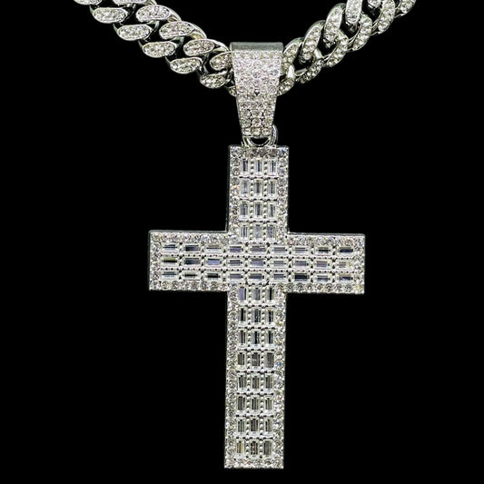 Iced Out Cross Pendant Necklace with Cuban Link Chain – Silver Finish
