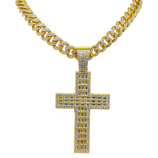 Iced Out Cross Pendant Necklace with Cuban Link Chain – Gold Finish