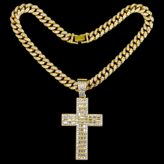 Iced Out Cross Pendant Necklace with Cuban Link Chain – Gold Finish