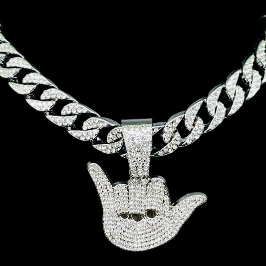 Iced Out Silver Shaka Hand Pendant with Cuban Link Chain – Silver Line Collection