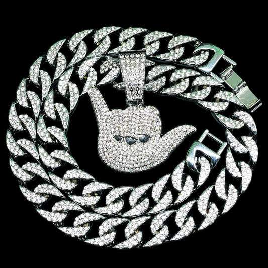 Iced Out Silver Shaka Hand Pendant with Cuban Link Chain – Silver Line Collection