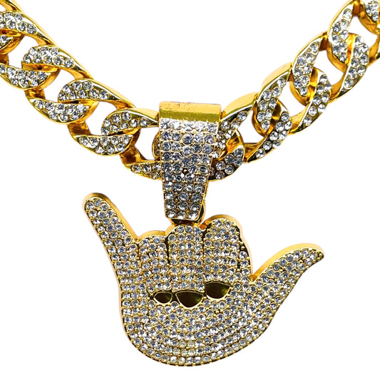 Iced Out Silver Shaka Hand Pendant with Cuban Link Chain – Gold Line Collection