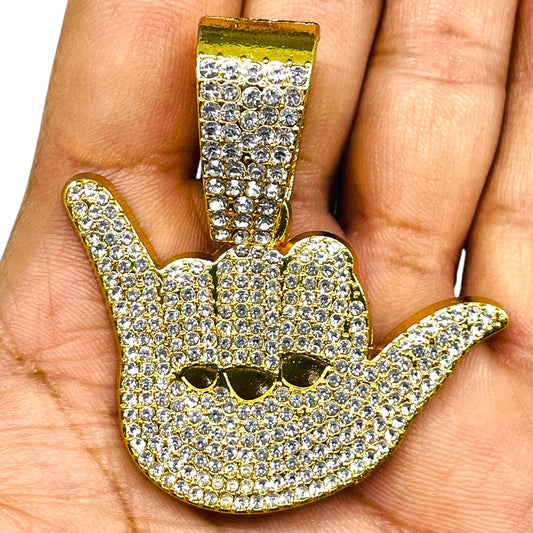 Iced Out Silver Shaka Hand Pendant with Cuban Link Chain – Gold Line Collection