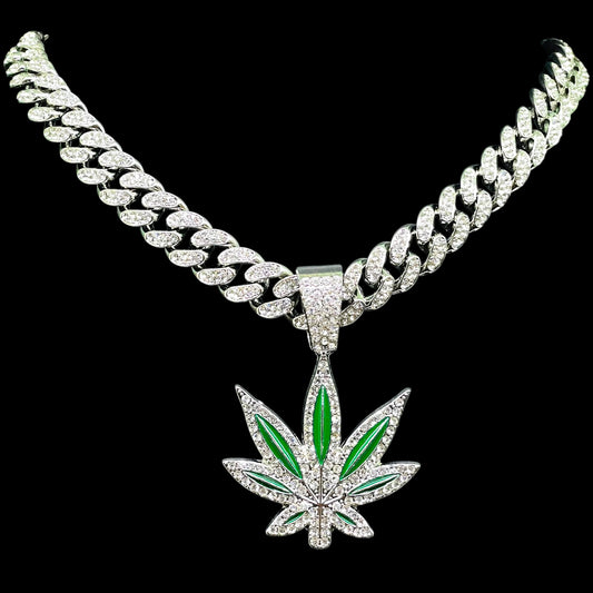 Iced Out Green Leaf Pendant with Silver Cuban Chain – Hip Hop Bling Weed Necklace