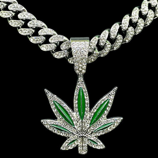 Iced Out Green Leaf Pendant with Silver Cuban Chain – Hip Hop Bling Weed Necklace