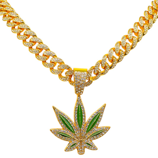Iced Out Green Leaf Pendant with Gold Cuban Chain – Hip Hop Bling Weed Necklace