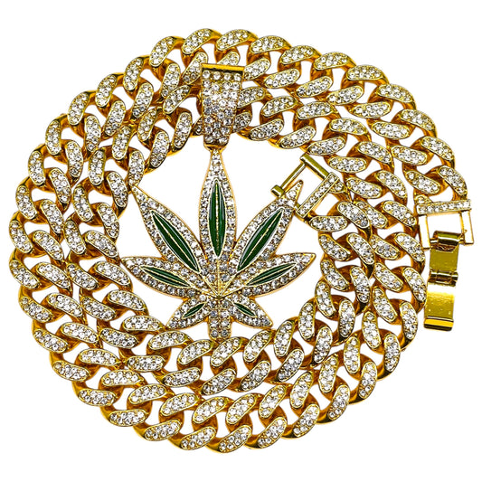 Iced Out Green Leaf Pendant with Gold Cuban Chain – Hip Hop Bling Weed Necklace