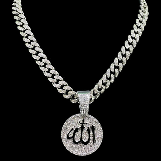 Iced Out Allah Pendant Necklace with Silver Cuban Chain