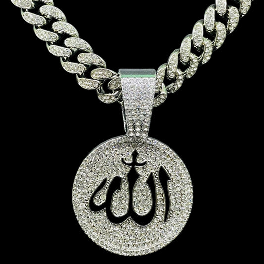Iced Out Allah Pendant Necklace with Silver Cuban Chain