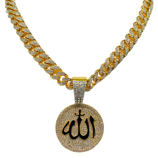 Iced Out Allah Pendant Necklace with Gold Cuban Chain
