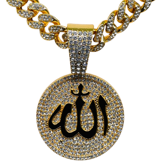 Iced Out Allah Pendant Necklace with Gold Cuban Chain