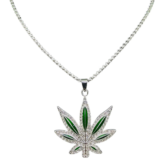Iced Out Green Leaf Pendant Necklace – Hip Hop Bling Statement Chain