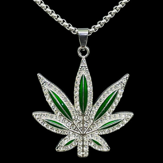Iced Out Green Leaf Pendant Necklace – Hip Hop Bling Statement Chain